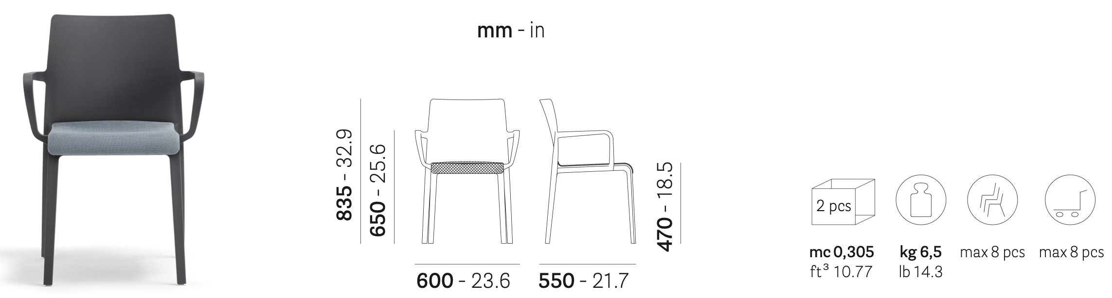 Technické údaje Plastová židle s područkami a čalouněným sedákem Volt hb 674/2
